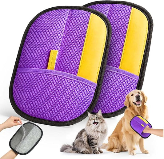2026 Thickened Electrostatic Pet Hair Removal Gloves (2 Pcs) - Reusable Strong Grooming Gloves for Cats & Dogs, Hair Remover Gloves for Couch, Furniture, Carpet, Car Seats & Clothing Purple