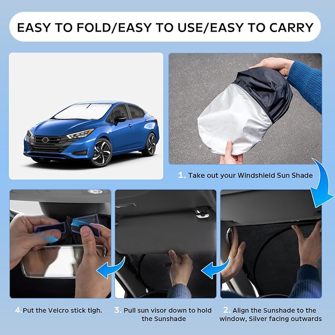 Sun Shade Sunshade for Nissan Versa 2021-2024 2025 Windshield Cover, 4-Layers Sun Shield 250T Silver Coating Sun Visor Foldable Window Shade Blocks UV Rays Car Accessories