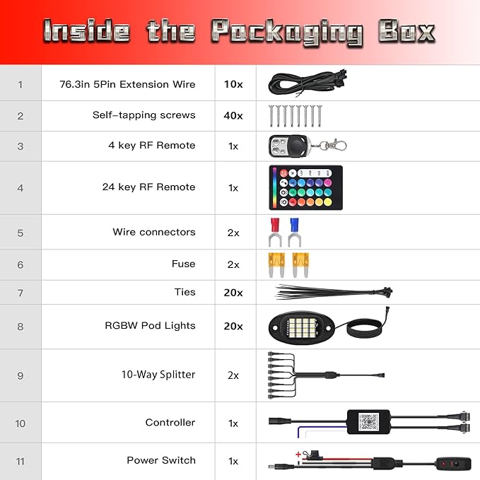 20 Pods RGBW LED Rock Lights for Trucks Offroad Pickup Trailer Sedan SUV Cars, Waterproof Multicolor Neon Underglow Kit with Bluetooth APP/RF Remote, Vehicle Accent Underbody Light Underneath 12V