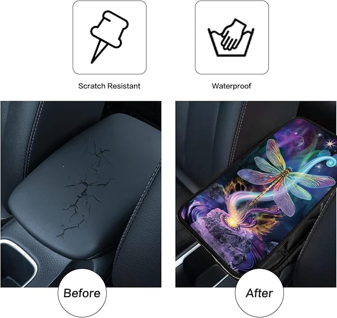 Car Armrest Cover Pads Universal Fashion Cute Auto Center Console Armrest Cover Pad with 2PCS Car Coasters Soft Waterproof Car Armrest Seat Protector for Women, Colorful Dragonfly