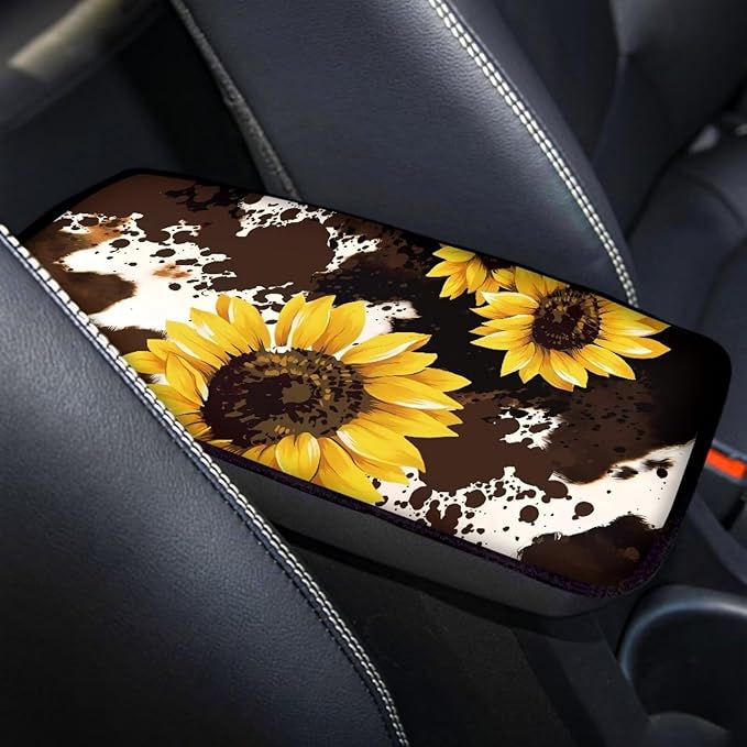 Sunflower Car Armrest Cover Protector Brown Cow Print Auto Center Console Cover Pad,Car Armrest Seat Box Cover Cushion Car Accessories Decor Universal for Most Car Sedan SUV