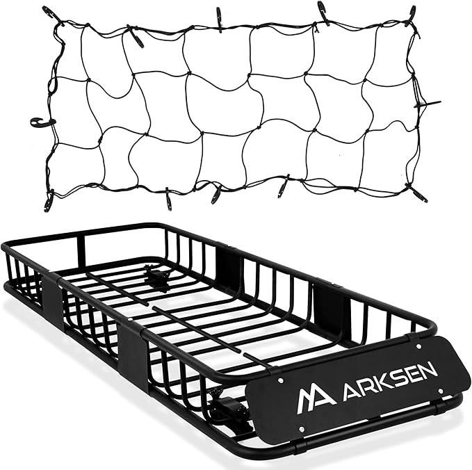 ARKSEN 64"x23"x6" Roof Rack Skinny Cargo Carrier with Basket & Net, Heavy Duty Weather Resistant Top Mount Cargo Rack, Luggage & Camping Gear Storage for Car, Truck or SUV Transport