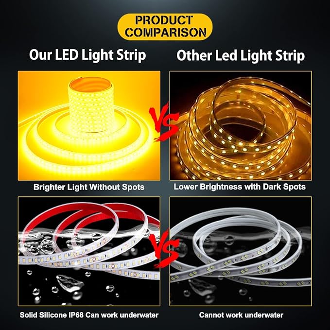 YM E-Bright Led Strip Lights Waterproof IP68 Flexible Amber Yellow Strip Lights Exterior Interior 16.4Ft 600SMD for Home Bedroom Party Holiday Neon Decoration Stage Marine Lights (No Power Adapter)