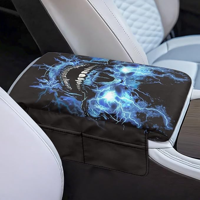 Tupalatus Cool Skull Car Center Console Cover Waterproof Armrest Cushion Cover Pad Breathable Car Center Console Replacement with Storage Pockets for Most Vehicle, SUV, Truck, Car