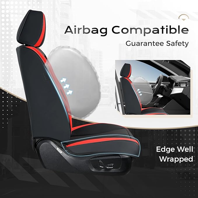 Coverado Seat Covers, Car Seat Covers Front Seats, 2 Pack Black and Red Leather Seat Covers, Waterproof Car Seat Protector with Lumbar Support, Front Seat Covers Universal Fit for Most Cars