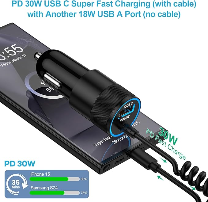 for iPhone 16e 17e 17 Pro Max Air, Fast Car Charger Adapter for iPhone 16e, 16, 16 Pro Max, 16 Plus, 15 Series, USB C Vehicle Phone Auto Automobile Plug with 2.8FT Coiled Cable Cord Fast Charging