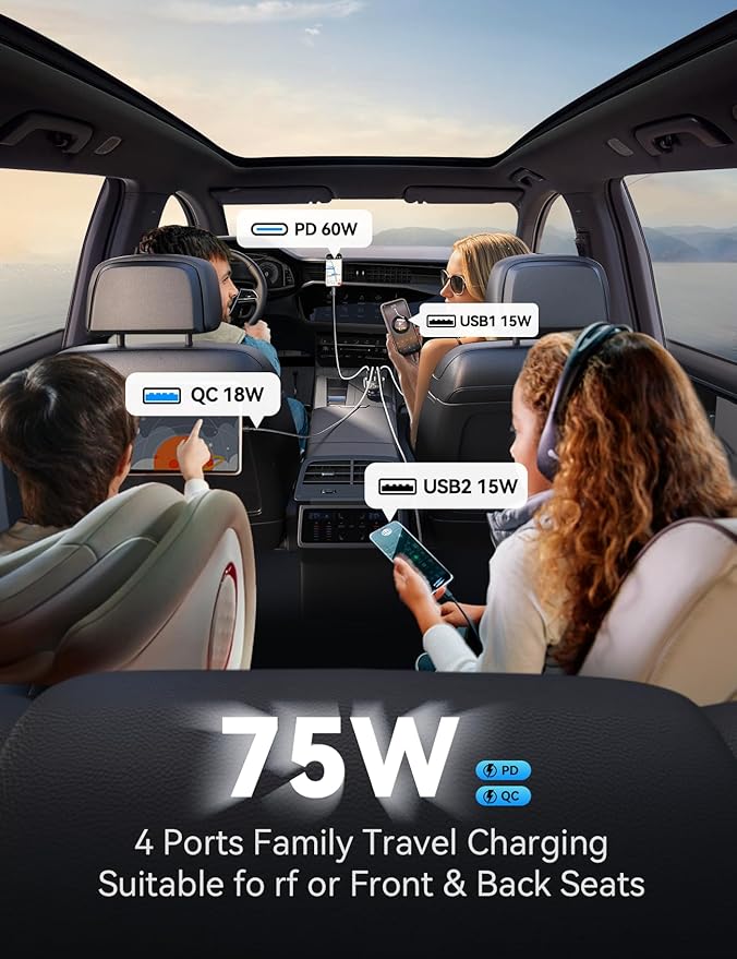 75W Car Charger USB C, 4 Port Super Fast Cigarette Lighter USB Charger, Type C 60W & QC 3.0 Multiport Car Phone Adapter Accessories for iPhone 17/16/15/14 Samsung S26 Series with 3.3ft 60W USB C Cable