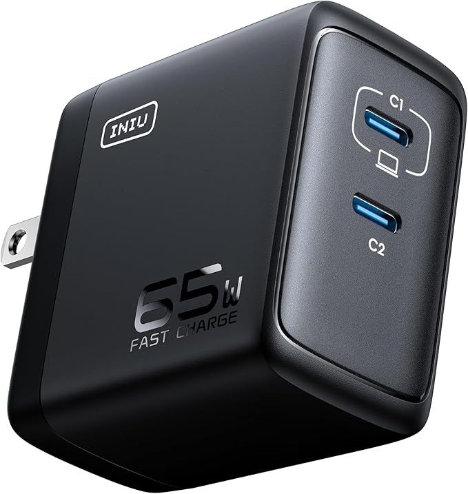 INIU 2 USB C Ports 65W GaN Charger - Compact Foldable PD PPS USB C Wall Charger for MacBook Pro/Air, Dell XPS 13, iPad Pro, Samsung Galaxy S23, Note 20/10+, iPhone 16/15/14, Steam Deck