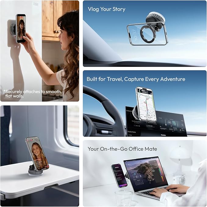 ULANZI MA40 Car Phone Holder for Magsafe, Strongest Suction & Magnetic, 360° Adjustable Car Phone Mount, Phone Holder Stand for Car/Gym/Mirror/Kitchen for iPhone 17 Pro Max 16 15 14 13 12, Black