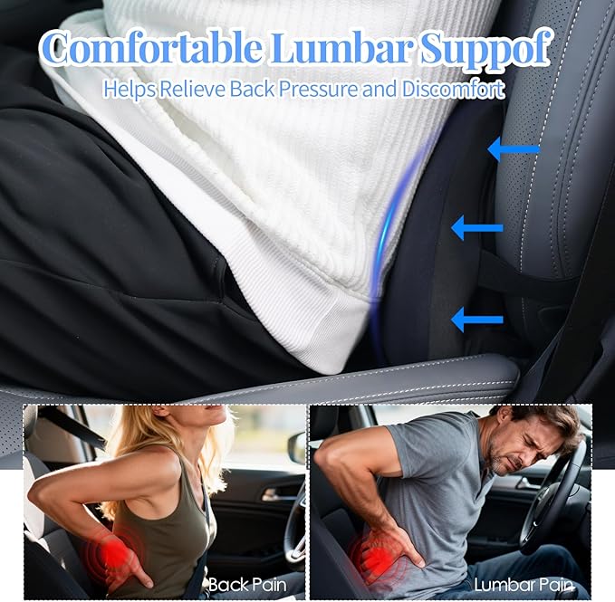 Lumbar Support Pillow for Car, Memory Foam Back Cushion Provides Lumbar Support to Relieve Back Pain, Ideal for Driving Cars and Office Chairs as a Back Support Pillow (Black)