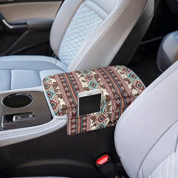 Wanyint Aztec Brown Cow Print Car Center Console Cushion Cover Comfortable Armrest Seat Box Lid with Organizer Pockets Anti-Scratch Arm Rest Covering Suitable for Most Cars SUVs Trucks