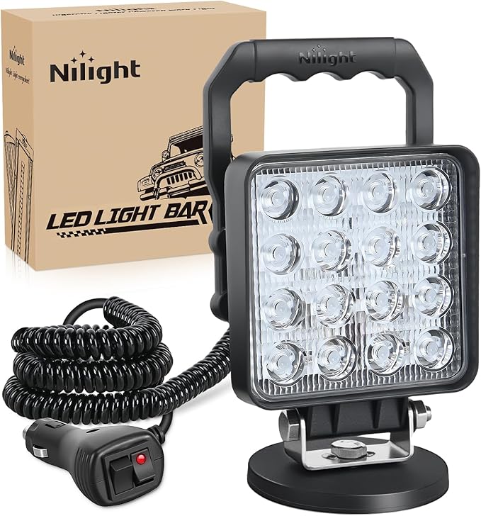 Nilight LED Light Bar 4Inch 48W Square Portable Flood Pod Cigarette Lighter Powered with Wiring Magnetic Base 16LEDs Fog Driving Work Roof Bumper Lights for Truck Tractor Golf Cart UTV