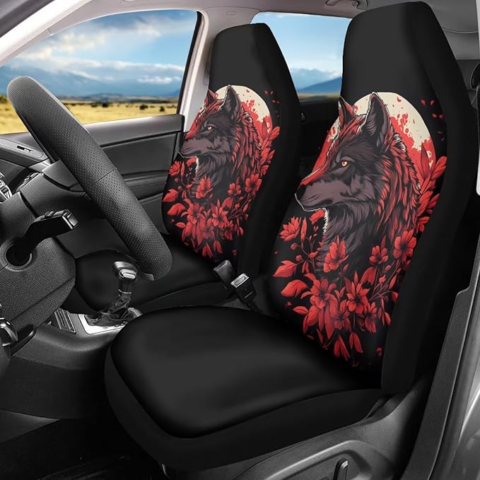 BIGCARJOB Wolves Car Seat Cover Full Set Universal Fit Car Interior Accessories Set Rose Auto Seat Cover Women Auto Interior Seat Protector Saddle Blanket