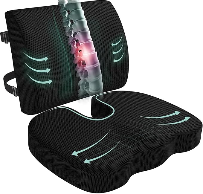 Seat Cushion and Lumbar Support Pillow for Office Chair, Wheelchair, Memory Foam Coccyx Cushion for Sciatica Tailbone Pain Relief, Back Support for Car Chairs, Desk Chair