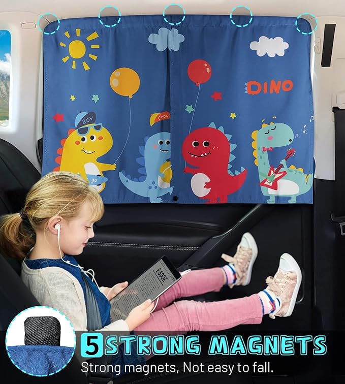 Car Window Shades, 2 PCS Magnetic Double Layer Sun Shade, Side Windows Privacy, Full Covers/Half Shade Options, Cute Dinosaurs, Compatible with Car, SUV, Minivan