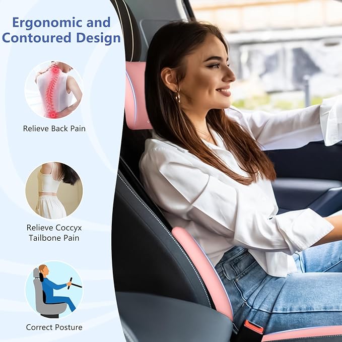 Car Seat Cushion with Neck Pillow & Lumbar Support Back Sciatica Tailbone Pain Relief Car Pillows Ergonomic Memory Foam Back Support for Driving Seat Office Chair Wheelchair 3 Pcs Pink