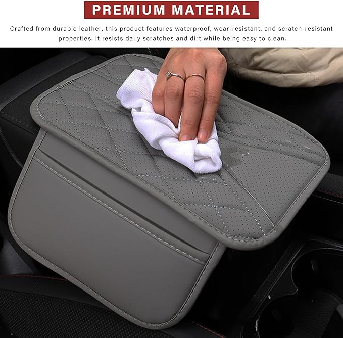 Car Center Console Cover, Leather Auto Armrest Cushion Pad with Two Storage Pockets, Waterproof Arm Rest Box Mat Protective Cover for Sedan SUV Truck, Car Accessories (Gray)