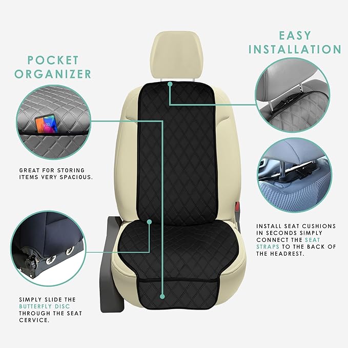 FH Group Car Seat Cushion – Neosupreme Single Front Seat Cover with Front Pockets, Airbag Compatible, Universal Fit Car Seat Cushion for Driver or Passenger Seat, SUV, Truck, Sedan & Van – Black
