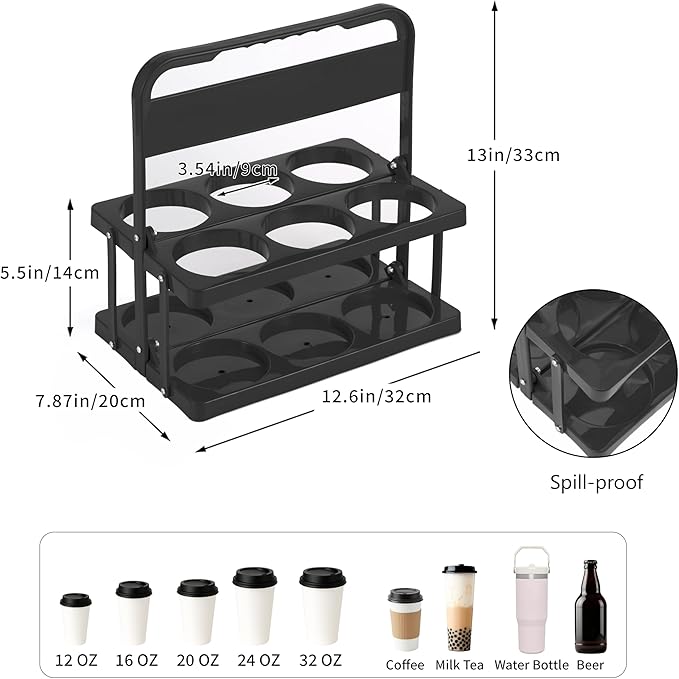 Reusable 6 Cup Drink Carrier with Handle and Insulated Food Delivery Bag, Portable Plastic Cup Caddy, 26L Grocery Cooler Box for Car Delivery, Travel, Picnic