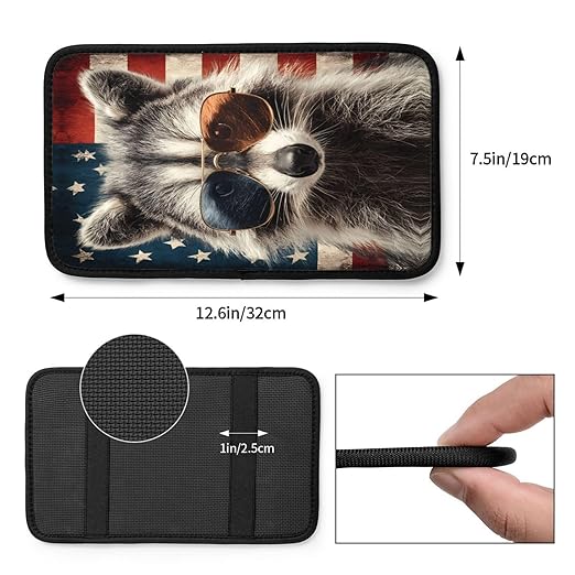 Cute Raccoon Sunglasses with American Flag Car Auto Armrest Cushion Cover Accessories Center Console Seat Box Pad Protector Universal Decoration for Most Vehicle SUV Truck