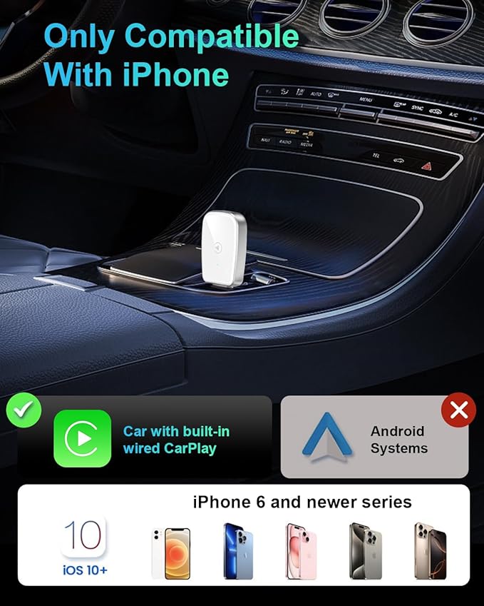 Wireless CarPlay Adapter for Apple iPhone, Convert Wired CarPlay to Wireless, Mini Size with USB-A to USB-C Adapter, Stable Control & No Delay Latency, White