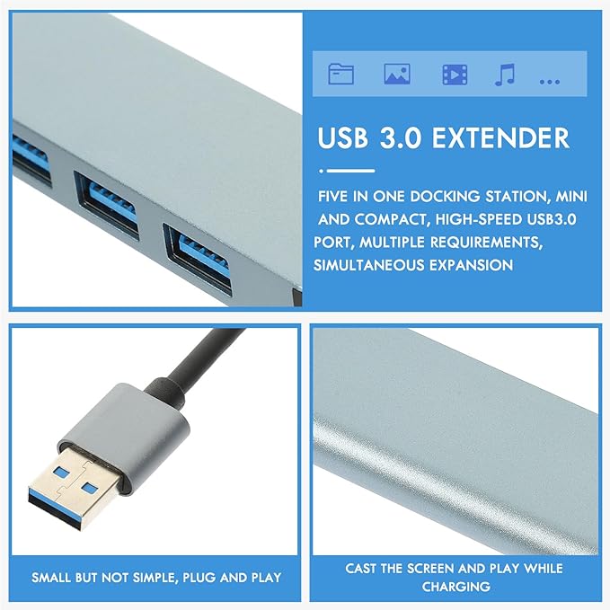 Port USB Hub Extension with Aluminum Case Portable USB Splitter Expander for Laptop High-Speed Data Transfer Plug and Play