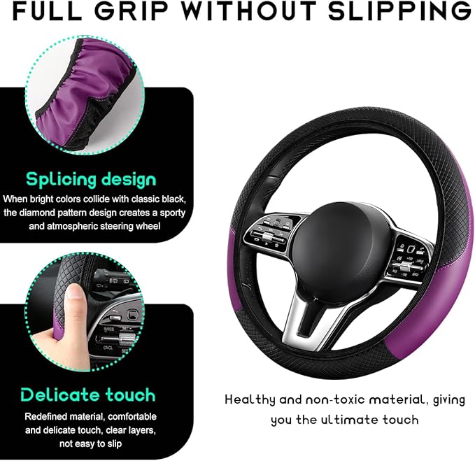 Car Steering Wheel Cover, 15 inch Carbon Fiber Microfiber Leather Elastic Steering Wheel Protector, Breathable Anti-Slip Comfortable Steering Wheel Covers for Most Cars (Black&Purple, AD)
