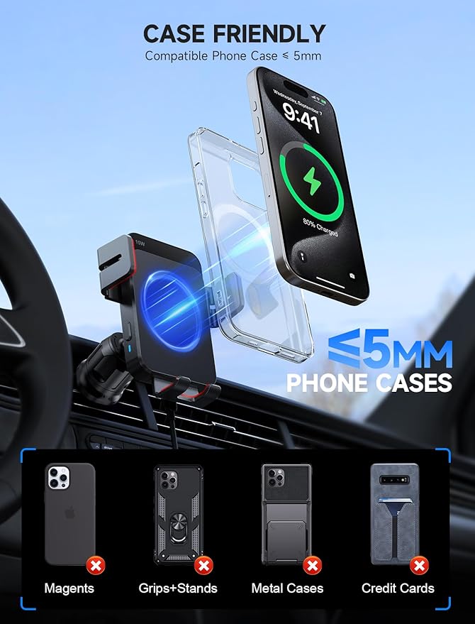 MOKPR Wireless Car Charger, 15W Auto Clamping Car Charger Dash Windshield Air Vent Phone Holder Compatible with iPhone 16 15 14/13/13 Pro/12 pro/12/11/X/8, Samsung S24/S23/S22, red