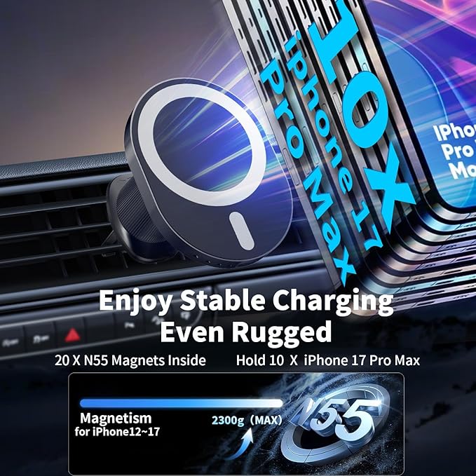 AOUXSEEM for Magsafe Car Charger Mount,15W Fast Charging,20xN55 Magnets,Car Phone Holder Wireless Car Charger Magnetic Phone Holder for iPhone 17/16/15/14/13/12/Pro/Plus/Max Samsung Galaxy S Series