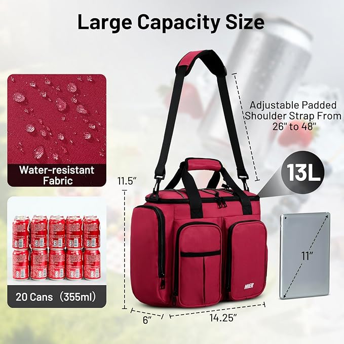 MIER Lunch Box for Men Heavy Duty Insulated Lunch Bag 20 Cans Large Leakproof Soft Cooler Bags with Multiple Pockets for Picnic Work Travel (Red)