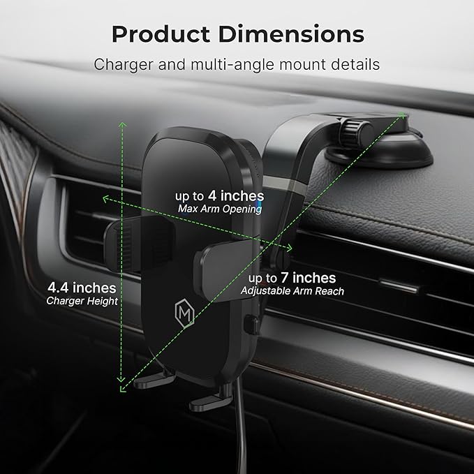 Auto Scan Fast Wireless Car Charger Phone Mount with Multi-Angle Adjustable Suction Cup – 15W Wireless Charging, Auto Scanning, Adjustable Grip for Phones 71mm-112.6mm