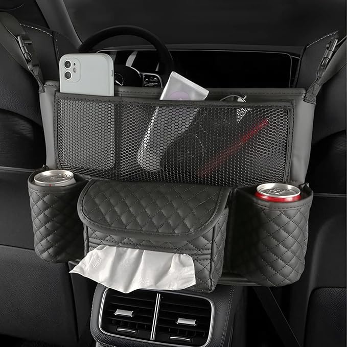 XINLIYA Car Handbag Holder Between Seats, PU Leather Multi-Pocket Large Capacity Purse Holder, Auto Net Bag Barrier of Backseat Pet Kids, Car Seat Organizers and Storage for Cargo Tissue Cup（Black）
