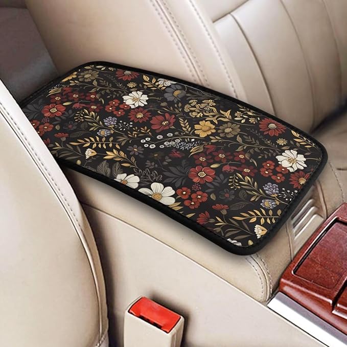 Center Console Covers for Cars Flower Pink Red Floral Boho Arm Rest Cover Daisy Black Retro Car Seat Armrest Pad Covers Middle Console Cover Hippie Boho Brown Car Accessories