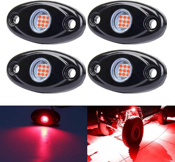Red LED Rock Lights, 4 Pods Neon 12V Waterproof Underglow Underbody Kit Crawler Crawling Dome Exterior Wheel Lights for ATV RZR UTV SUV Off-Road Auto Boat Motorcycle Glow Trail Rig Fender Lamp