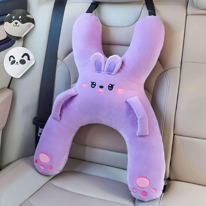 Kids Car Sleeping Pillow - X-Shaped Plush Animal for Neck & Back Support - Hands & Seat Belt Slot - Machine Washable & Compressible - Perfect for Car, Plane, Train, Boat & More - Purple