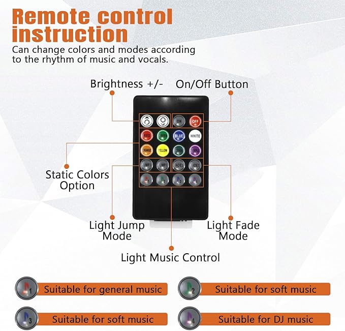 Wuyaoyao Car LED Interior Light, 48 LED Lights Multicolor Music Car Strip Light, Car Strip Light with Sound Active Function and Remote Control, Under Dash Lighting Kit (Cigarette Lighter+Remote)