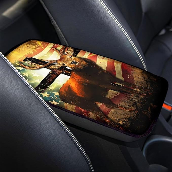 Suobstales Deer Cross American Flag Print Car Armrest Pad Soft Center Console Arm Rest Protector Cover Universal Car Interior Accessories Decoration