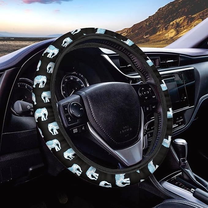 AFPANQZ Elegant Elephant Style Automotive Steering Wheel Covers Neoprene Comfortable Keep Warm Odorless Stretch-on Fabric Breathable Universal 14 to 15 inch Navy Blue for Women Mens