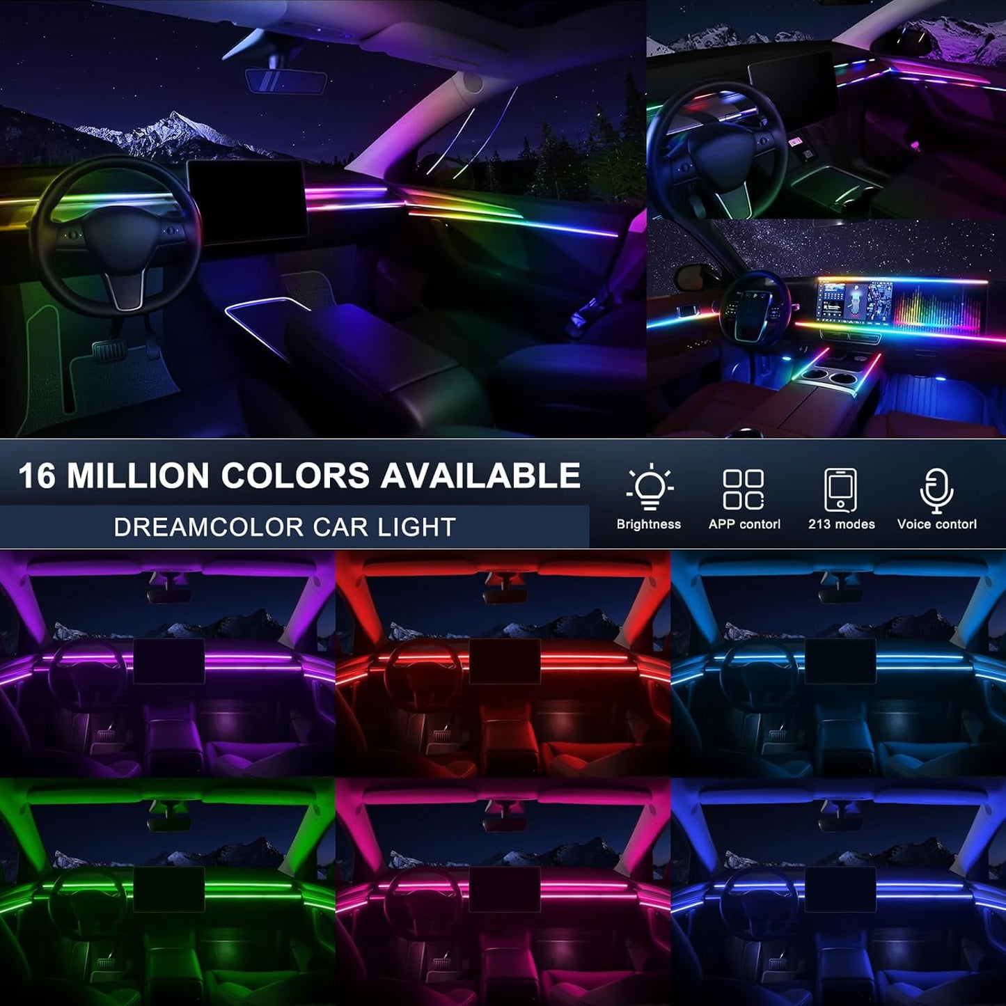 Dreamcolor Acrylic Interior Car LED Strip Light with USB/Type C, 43.3 inches Fiber Optic Ambient Lighting Kits, 16 Million Colors Sound Active Function Neon Accessories