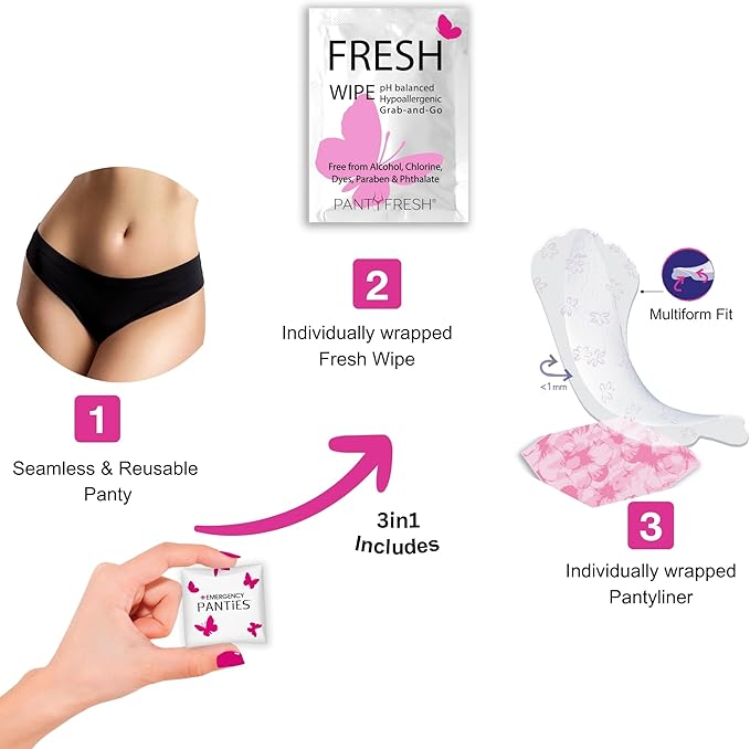 Emergency Panties 4in1 Kit Includes Seamless Bikini Underwear, Fresh Wipe & Liner Accidents Travel On-The-Go Hygiene Toiletry Kit Black Bikini