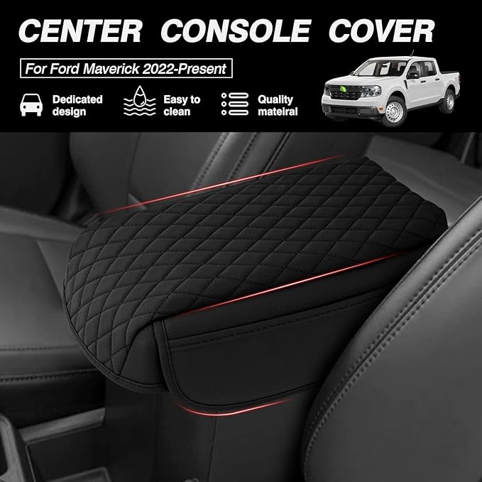 FIILINES Center Console Cover for Ford Maverick 2022-2026, Armrest Cover Leather Pad Cushion Maverick Accessories Armrest Cover Anti-Scratch Black