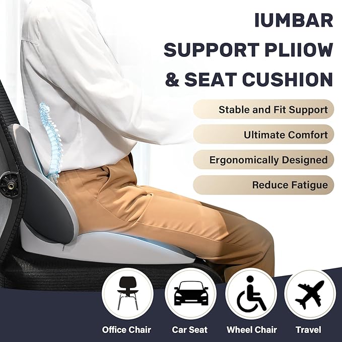 Coverado Seat Cushion and Lumbar Support Pillow for Car Office Chair, Ergonomic Memory Foam Desk Chair Cushion Back Support Pillow, Sciatica & Back & Tailbone Pain Relief Cushion-Black&Gray
