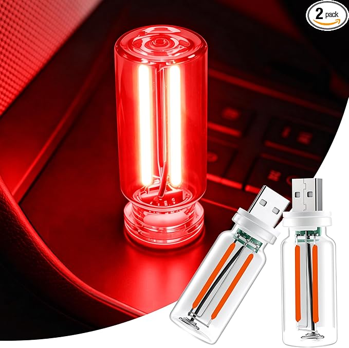 iFunyLED Car Interior USB LED Night Light, Portable Touch dimmable Car Ambient Lighting Kit, Retro Mini Transparent Glass Bottle Lamp Decorations for Vehicle Camping Bedroom Hallway, Pack of 2(Red)