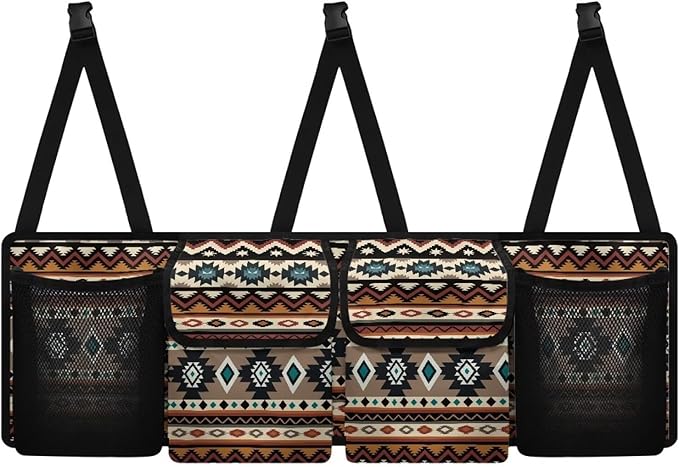 Aztec Car Trunk Organizer, Backseat Hanging Large Storage with Adjustable Straps & 4 Pockets, Waterproof Collapsible Cargo Bag Universal Car Interior Accessories