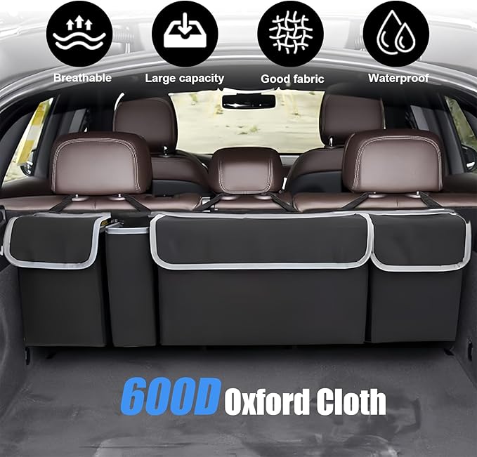 Car Trunk Organizer and Storage, Backseat Hanging Trunk Organizers and Storage, Waterproof Collapsible Cargo Large Bag with 4 Pockets, Car Interior Accessories for SUV, Truck (Black)