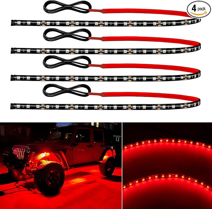 12V Led Light Strip Connectable 24Inch Red Led Strip Lights for Car Golf Cart Motorcycle Boat Cabinet Waterproof Led Light Strip,4Pack