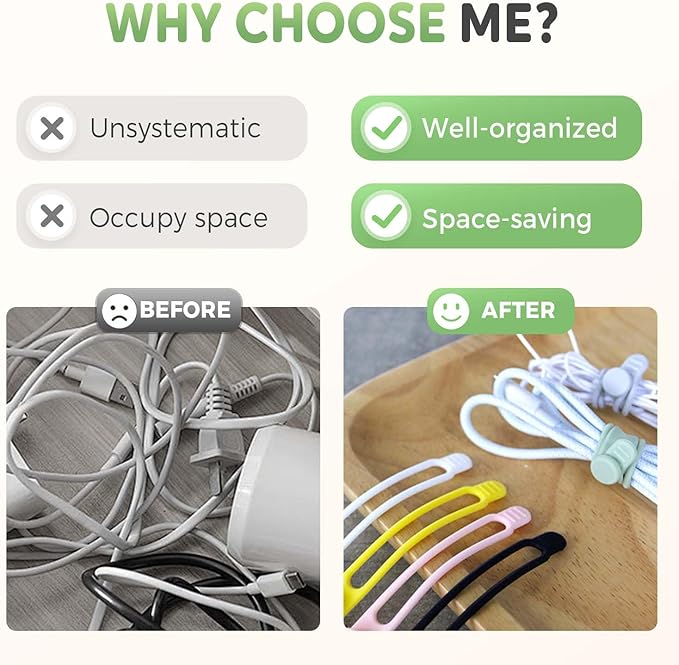 Data Cable Organizer, 2025 New Silicone Cable Ties Cable Management Organizer, 106mm Reusable Cord Organizers, Colorful Wire Organizers for Cords (10)