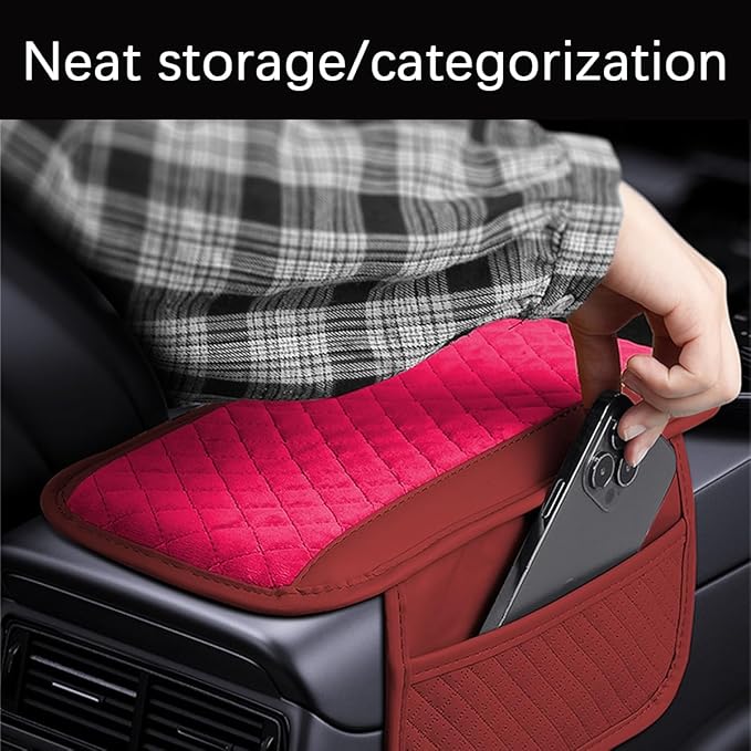 Car Center Console Cover, Leather Vehicle Armrest Cushion Pad with 2 Storage Bags, Auto Interior Middle Console Storage Box Protector Accessories, Universal for SUV, Sedan, Truck (Red)