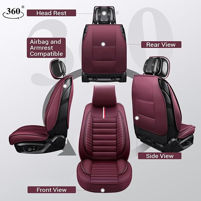 OASIS AUTO Car Seat Covers Front Seats Premium Waterproof Faux Leather Cushion Universal Accessories Fit SUV Truck Sedan Automotive Vehicle Auto Interior Protector (OS-001 Burgundy)