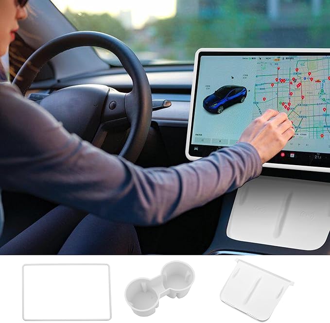 TOPABYTE 3PCS Center Console Accessories for Tesla Model Y 2021-2024 and Model 3 2021-2023 Cup Holder Insert, Screen Edge Protector Frame, Silicone Wireless Charger Mat, White